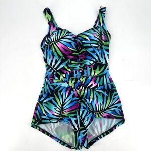Maxine of Hollywood Tropical Swimsuit one piece size 16‎ XL Ruched Black Blue
